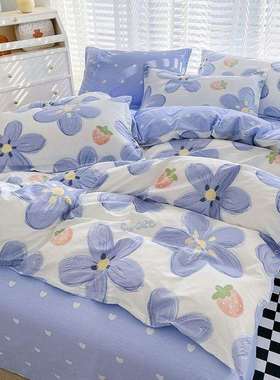 100965纯款蓝色碎花高档棉四件套全棉床单被套三学生新宿舍件套床