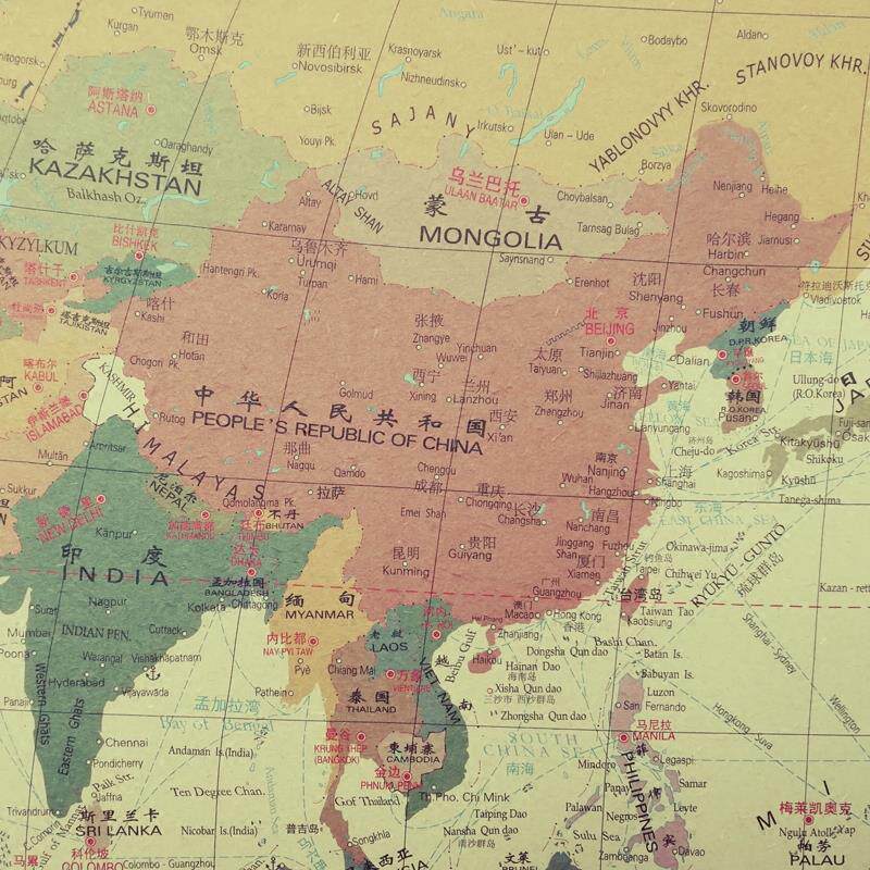 牛皮纸复古世界地理图中英文版标记足迹旅行打卡书房办公室装饰画