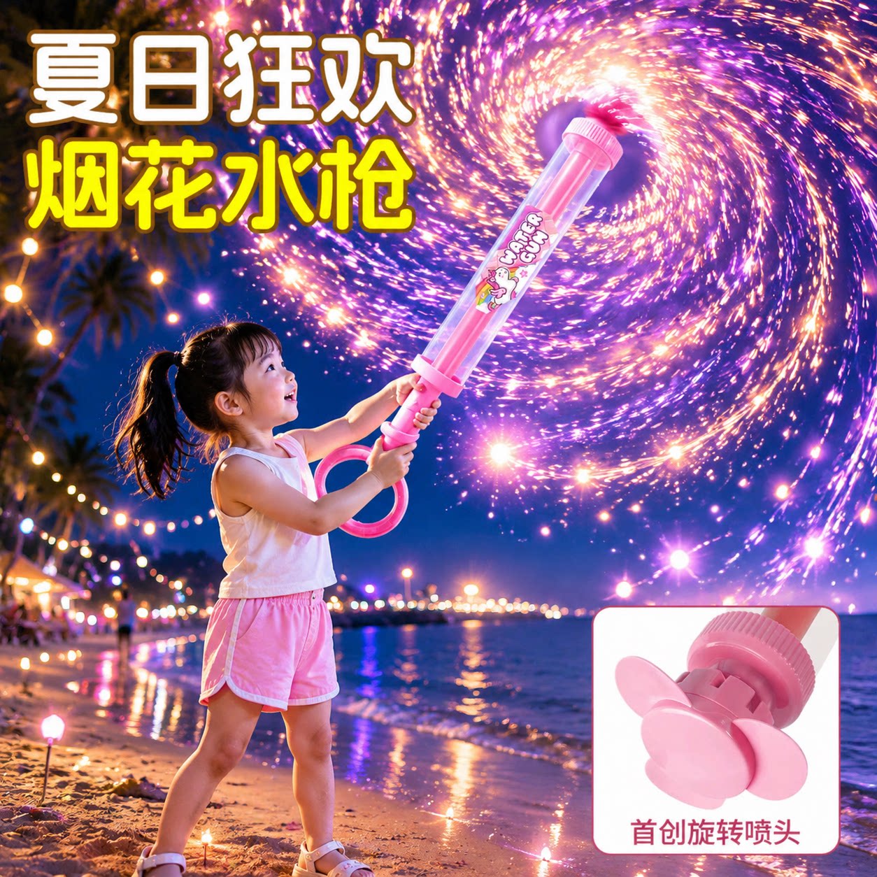 旋转烟花水枪玩具抽拉式散花水炮儿童打水仗泼水节拍照装备呲水枪