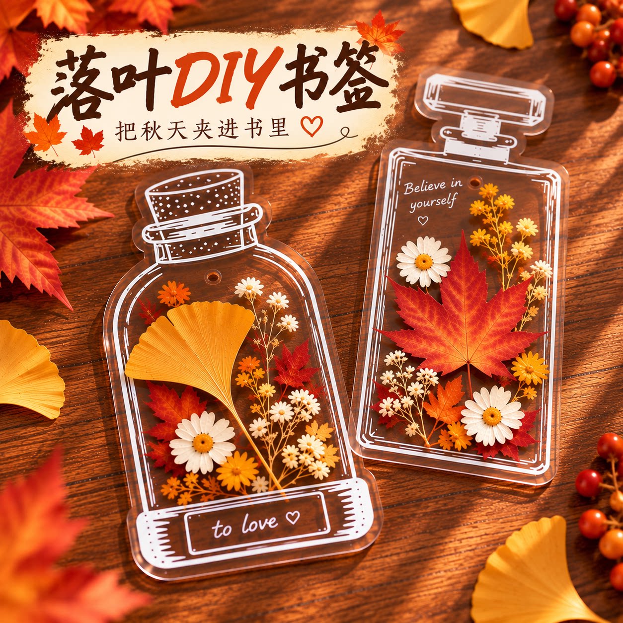 干花落叶书签儿童瓶子里的秋天手工DIY材料收集标本透明压花树叶
