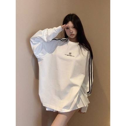 潮牌美式复古三杠条纹白色卫衣女春秋oversize设计感小众无帽上衣