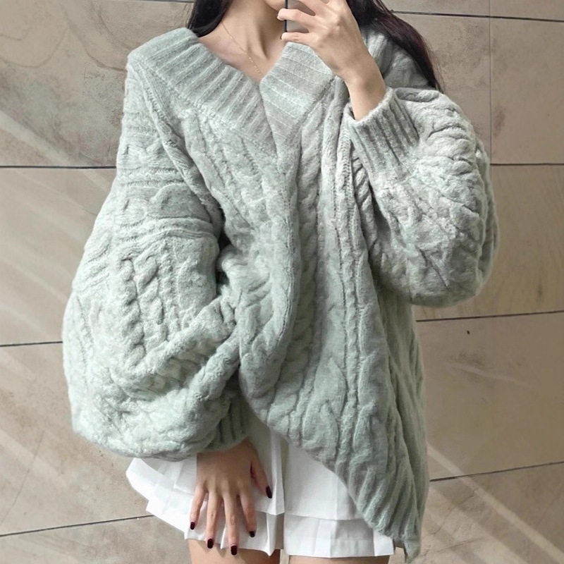 温柔甜饼粉色宽松v领慵懒温柔风麻花套头毛衣女春秋新款针织衫潮