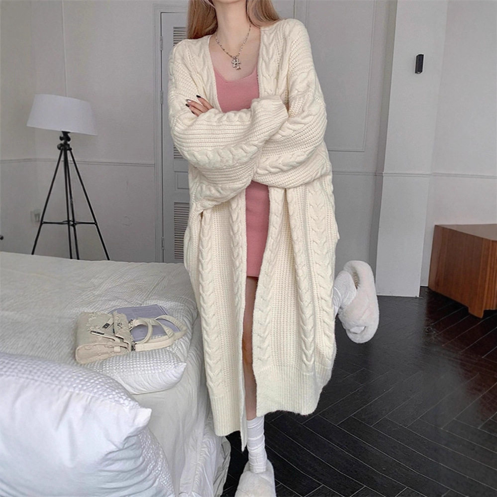 麻花针织开衫女冬秋季新款慵懒风宽松显瘦中长款加厚毛衣外套女装