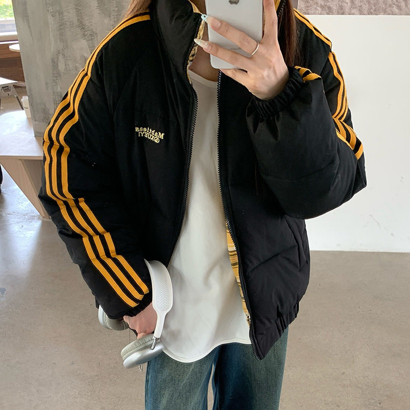 2026冬日新款潮牌设计感美式条纹拼接保暖棉服女宽松百搭加厚棉衣