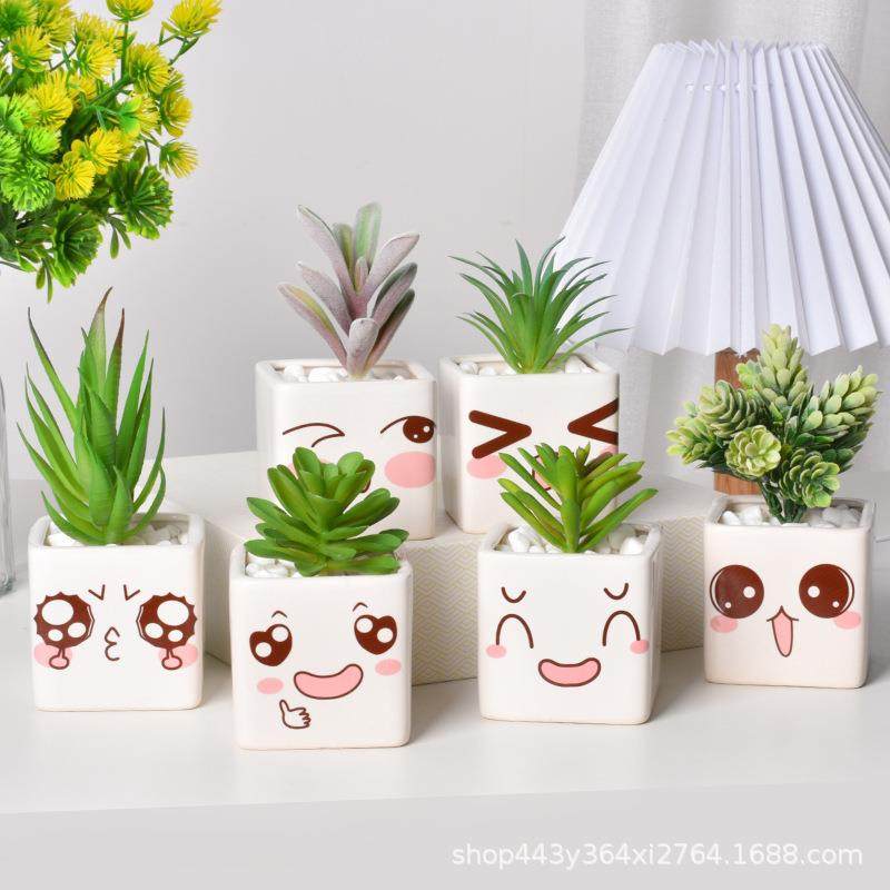 跨境电商多肉陶瓷花盆可爱表情创意迷你多肉植物盆栽花盆桌面摆件