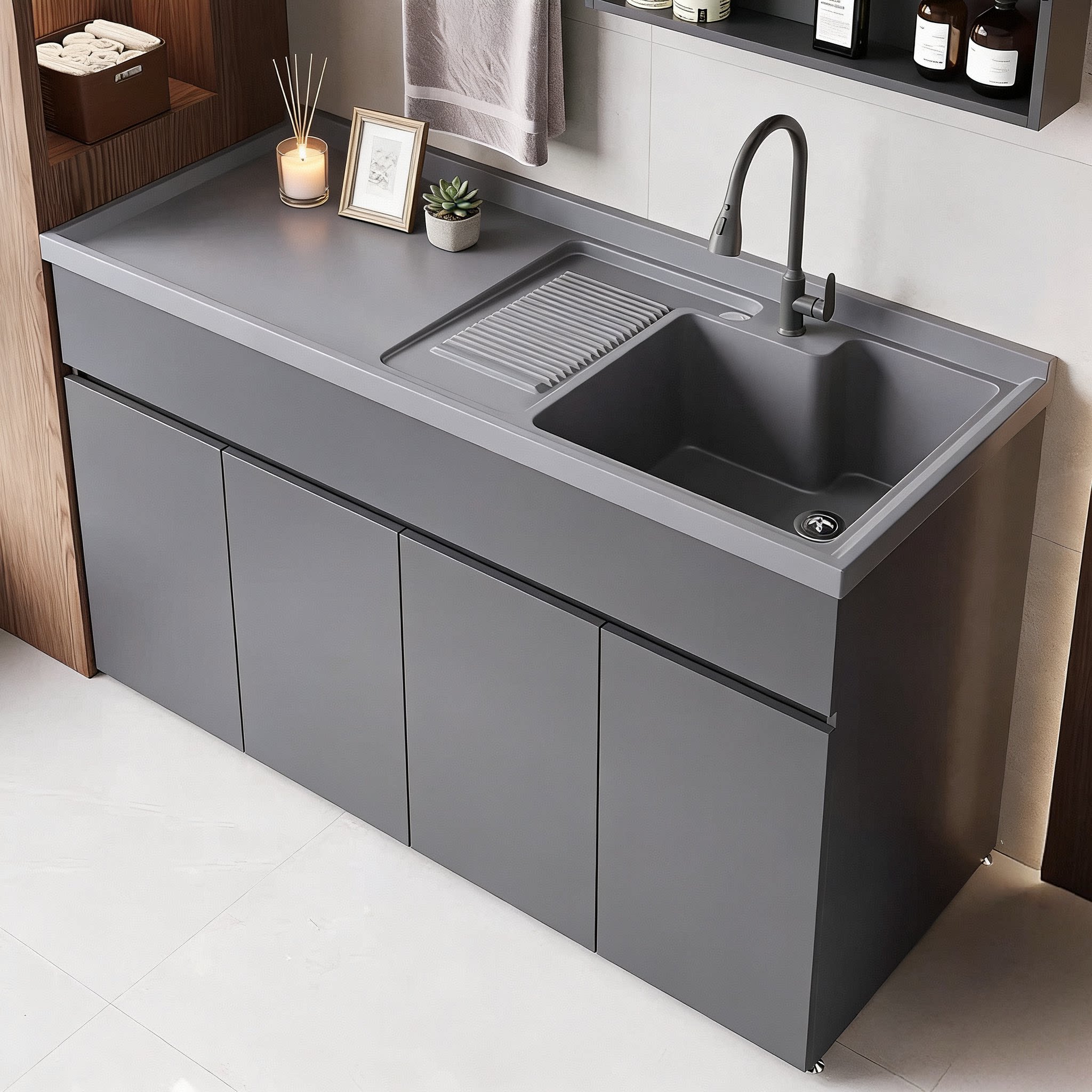 Kxh蜂窝铝洗衣柜组合阳台一体盆伴侣人造石英石带搓板洗衣槽台盆