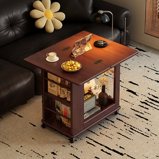 可移动茶几小户型客厅家用折叠桌子沙发阳台餐桌两用实木中古推车
