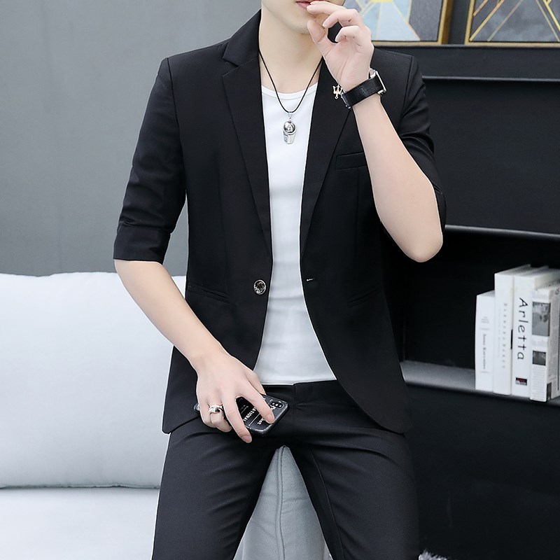 速发夏季七分袖西服套装男士韩版修身中袖薄款男装外套休闲短袖小