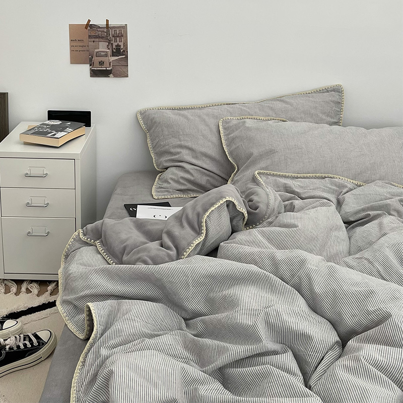 极速冬季简约f日式细条纹全棉加绒四件套床上用品牛奶绒三件套床