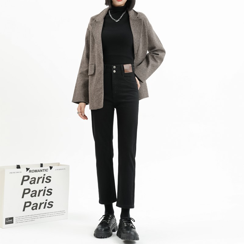 极速黑色直筒牛仔裤女o春秋2023新款高腰法棍裤小个子夏季阔腿烟