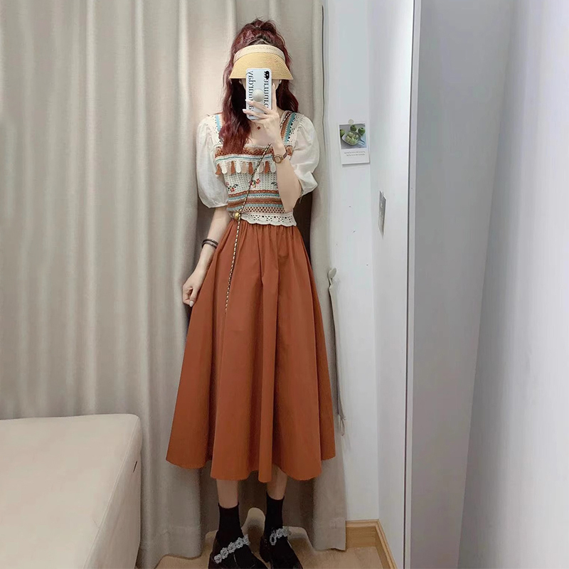 极速法式小个子海边度假方领泡泡袖连衣裙子202Q4夏季新款女装套