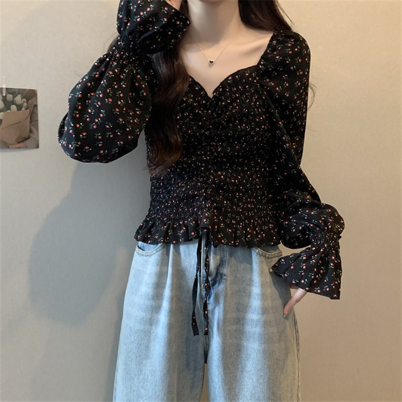 极速大码法式碎花衬衫女秋t装胖妹妹收腰显瘦设计感短款雪纺一字
