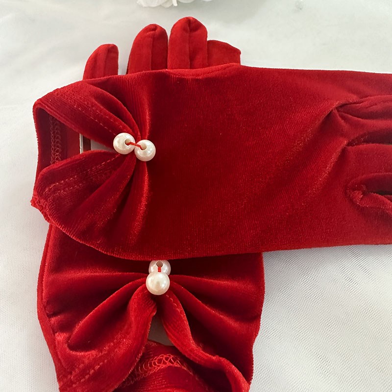 极速新娘结婚婚纱手套金丝绒短款珍珠蝴蝶结手套婚U礼写真拍照道