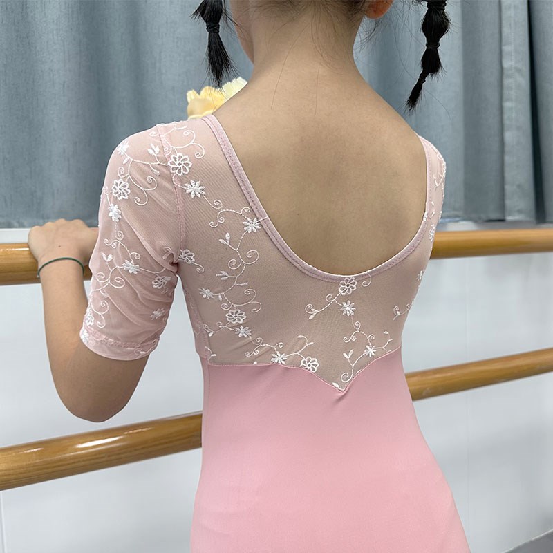 极速夏季儿童g舞蹈服女童练功服中袖纯棉体操服蕾丝双层培训班考