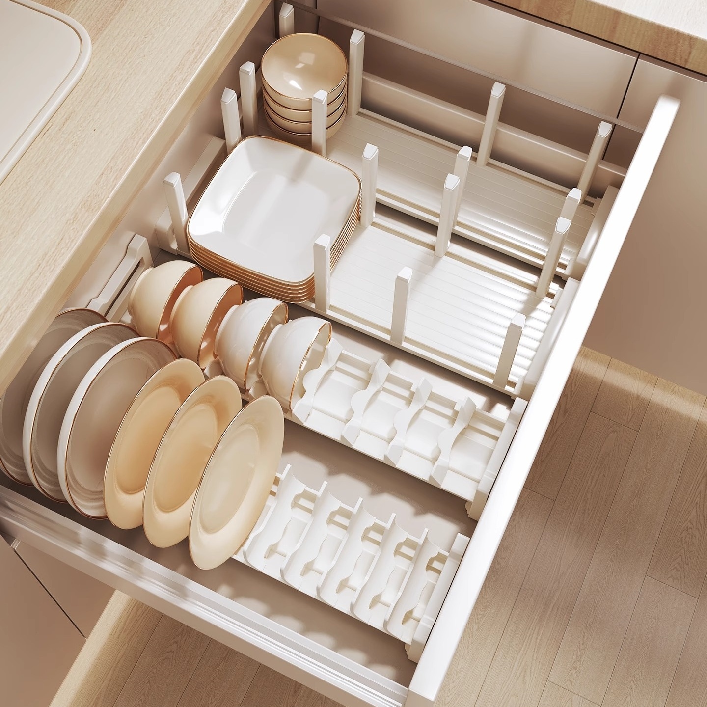 厨房抽屉收纳分隔内置整体橱柜内碗碟收纳层架碗筷盘子收纳盒餐具