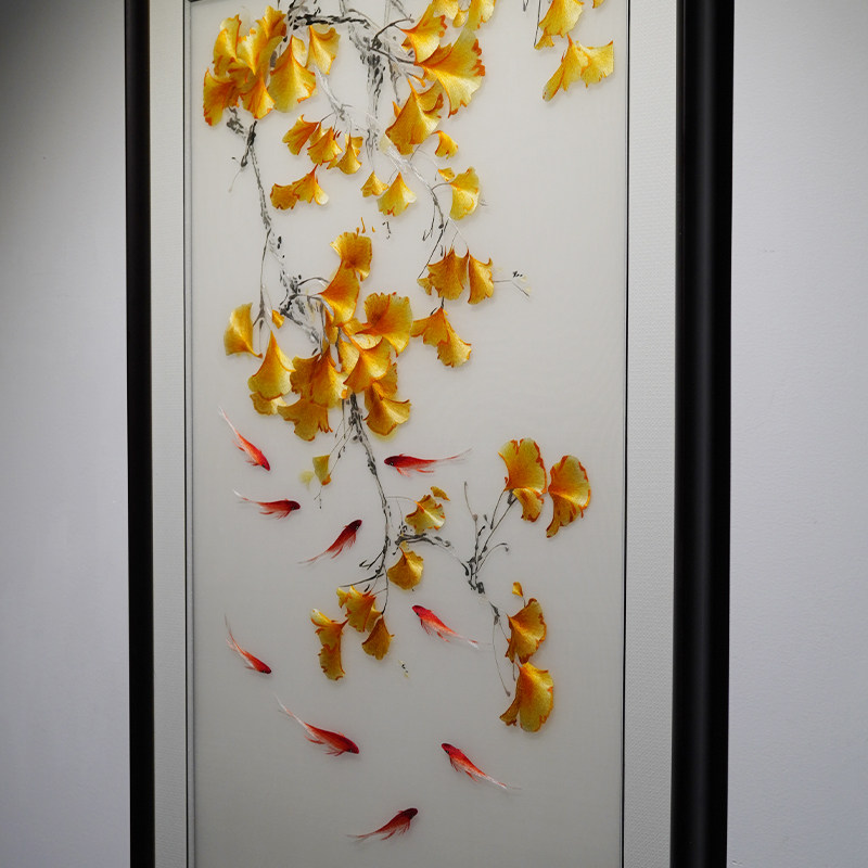 银杏九鱼新中式入户玄关客厅走廊装饰画纯手工刺绣画苏绣成品挂画