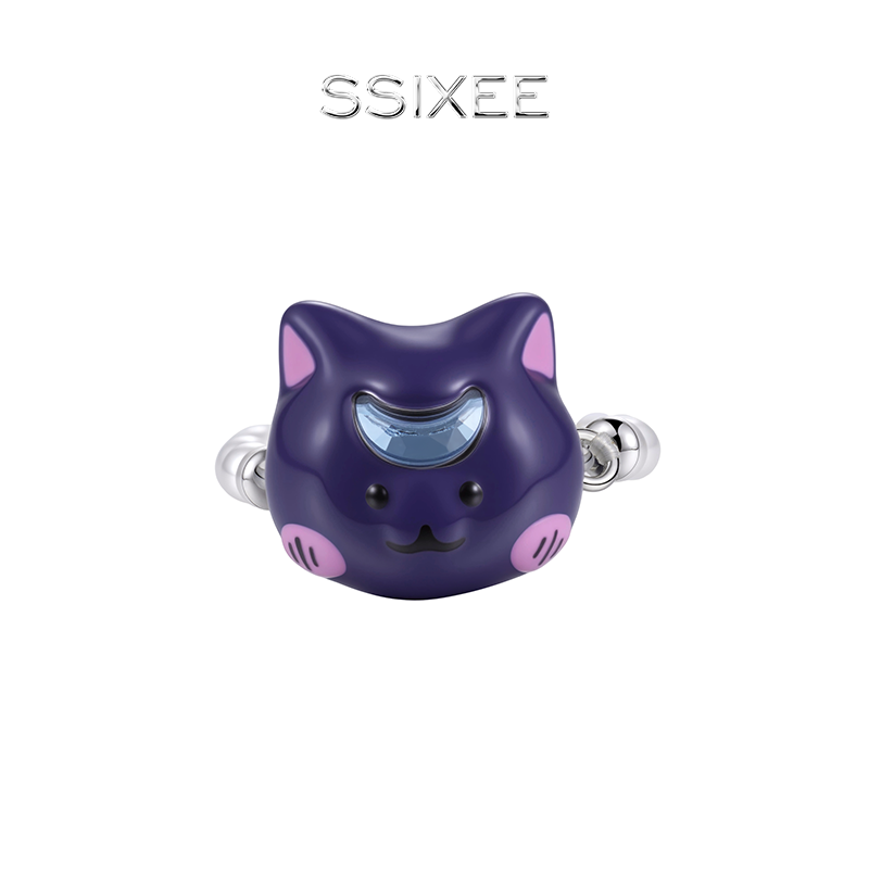 SSIXEE 冰冰月系列 蓝紫色猫咪头戒指公益款小众原创设计可爱趣味