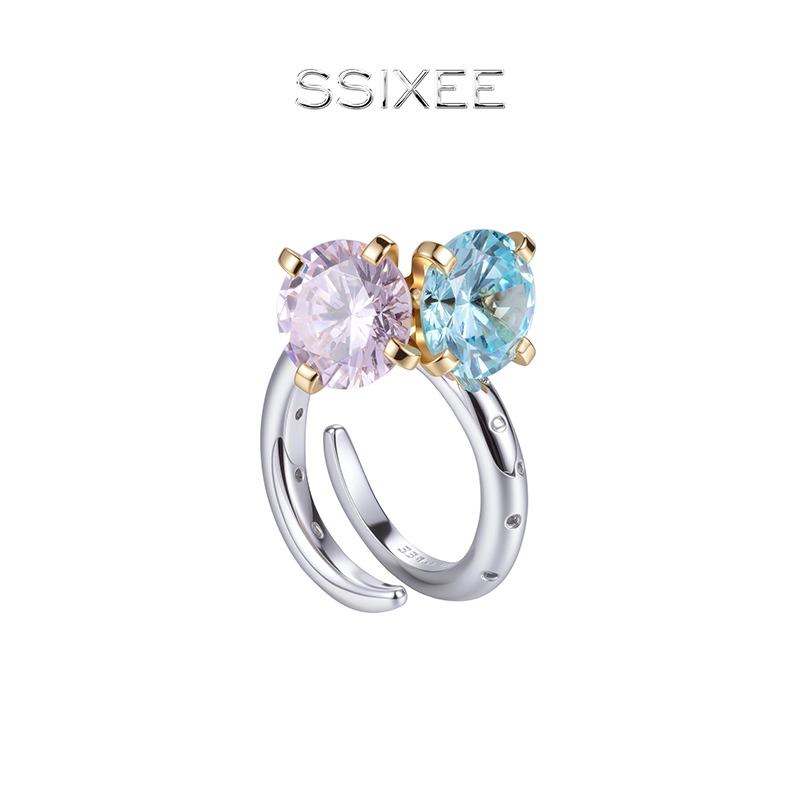 SSIXEE 冰冰月系列 可爱高级冰冰粉钻蓝钻双钻银碎钻开口戒指图片
