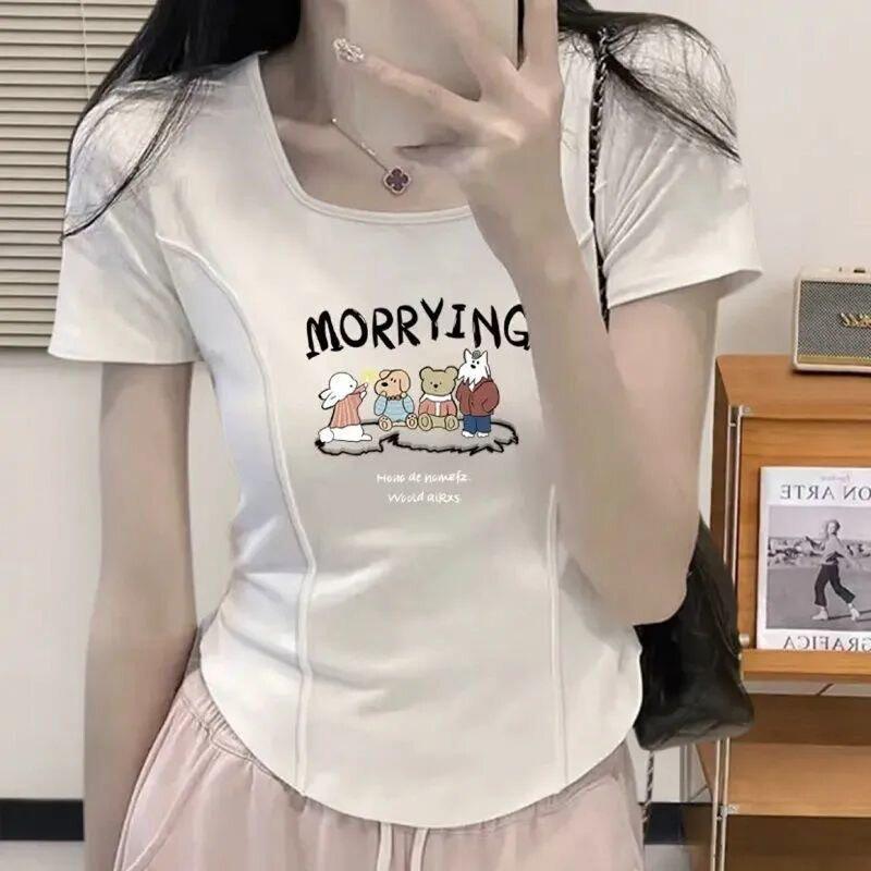 洋气鱼骨大码短袖女方领短款甜美不对称弧形显瘦小众t恤ins潮TD