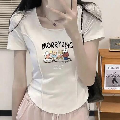 洋气鱼骨大码短袖女方领短款甜美不对称弧形显瘦小众t恤ins潮TD