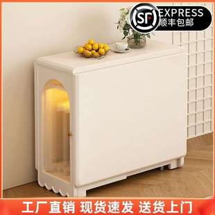 奶油风实木折叠餐桌白色小户型靠墙伸缩吃饭桌多功能可移动桌子