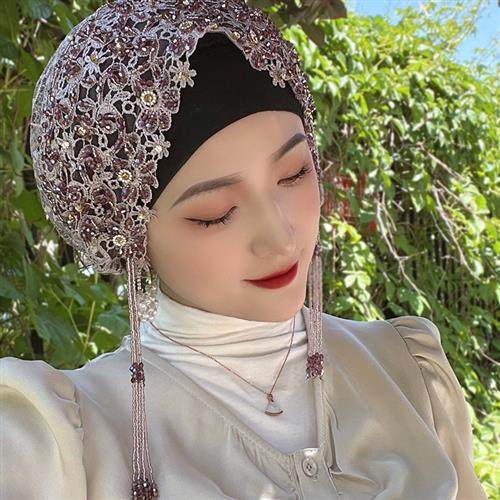 头巾女包头帽回族帽子纱巾时尚套头蕾丝遮发帽流苏民族风盖头爆款