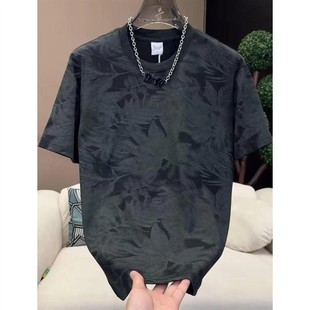 半袖 欣歌轻奢男装 时尚 高端潮牌F树叶印花圆领短袖 休闲T恤 2025夏季