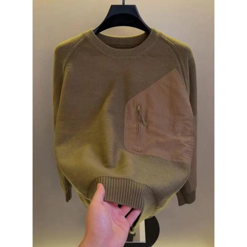 优乐轻奢高档重工圆领拼接针r织毛衣男士秋冬保暖时尚潮流打底衫