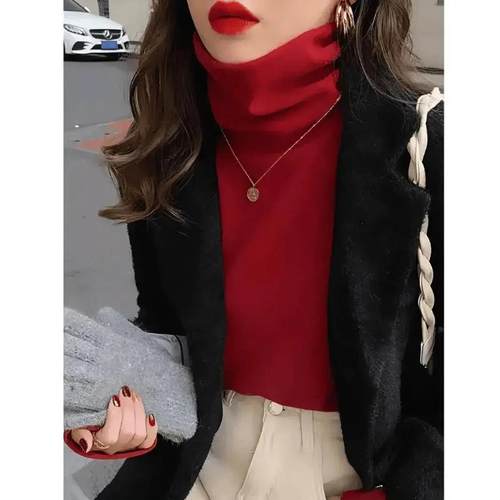 逸辰双面澳绒新款堆堆领打底衫女内搭F修身显瘦高领长袖t恤秋冬女