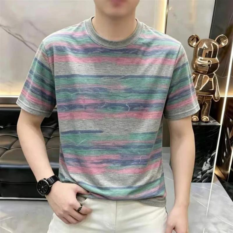 禧予精选2夏季新款男士印花圆领套头短袖T恤彩虹条纹GG546