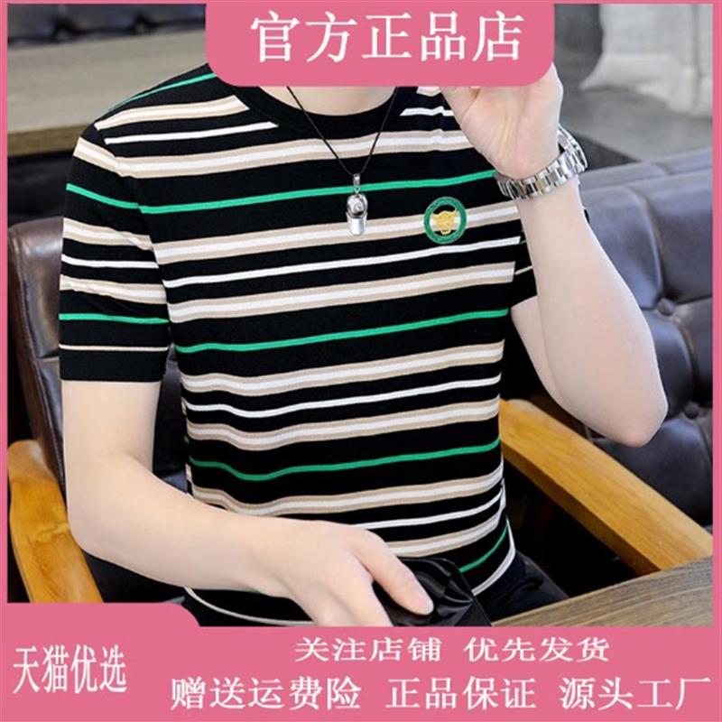 鹏然轻奢男装高端潮流胸标男士短袖t恤夏季冰丝圆领刺绣条纹上衣