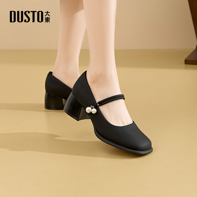 大东黑色单鞋女款2025新款秋季浅口珍珠中跟女鞋方头粗跟玛丽珍鞋