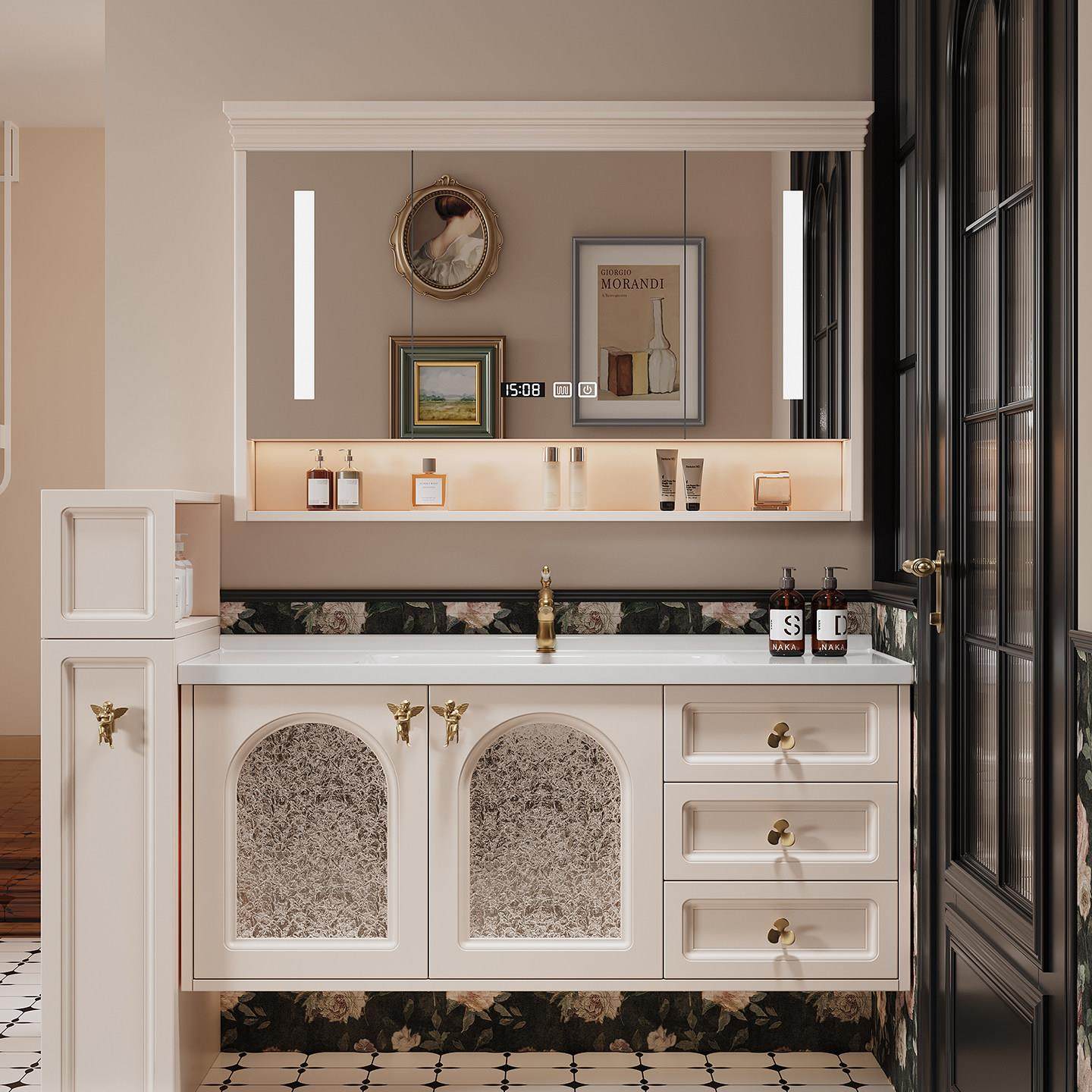 法式橡木陶瓷一体盆浴室柜组合智能洗漱台洗脸盆镜柜套装,家装主材,浴室柜组合,淘宝优惠券,粉丝福利购,淘宝优惠卷