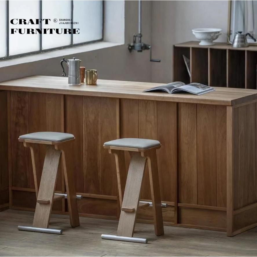 双杠吧台凳中古风实木高脚凳家用吧台凳简约现代酒吧椅咖啡厅吧椅