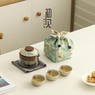 户外泡茶壶收纳包 手绘紫藤花快客杯一人茶具玻璃便携旅行茶具套装
