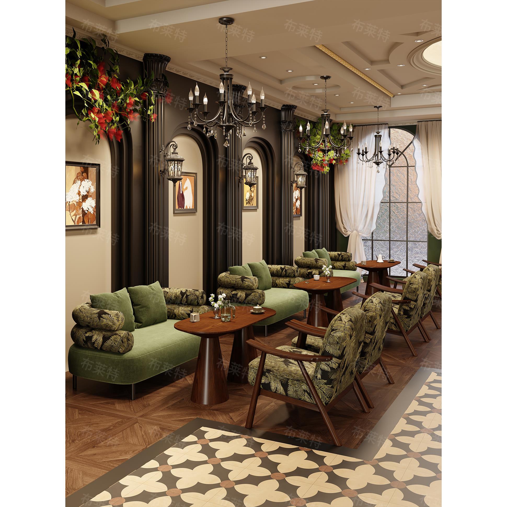 西餐厅沙发卡座咖啡厅桌椅组合甜品店休闲区覆古民宿酒店清吧沙发