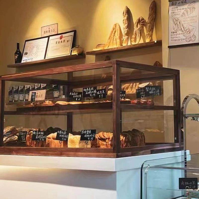 实木面包展示柜蛋糕店烘焙西式甜品台陈列架中岛边柜透明玻璃柜台