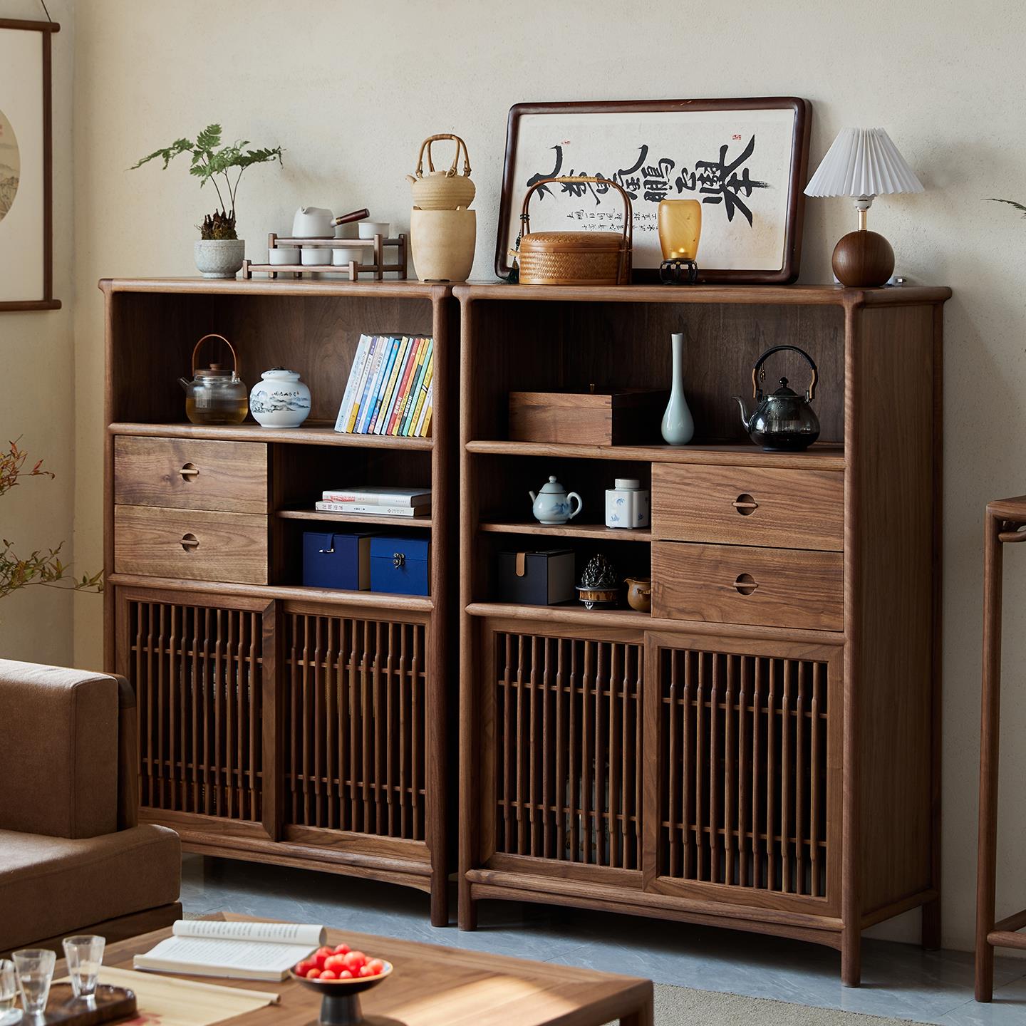新中式黑胡桃木矮柜客厅沙发边柜收纳柜实木茶柜小书柜茶室博古架