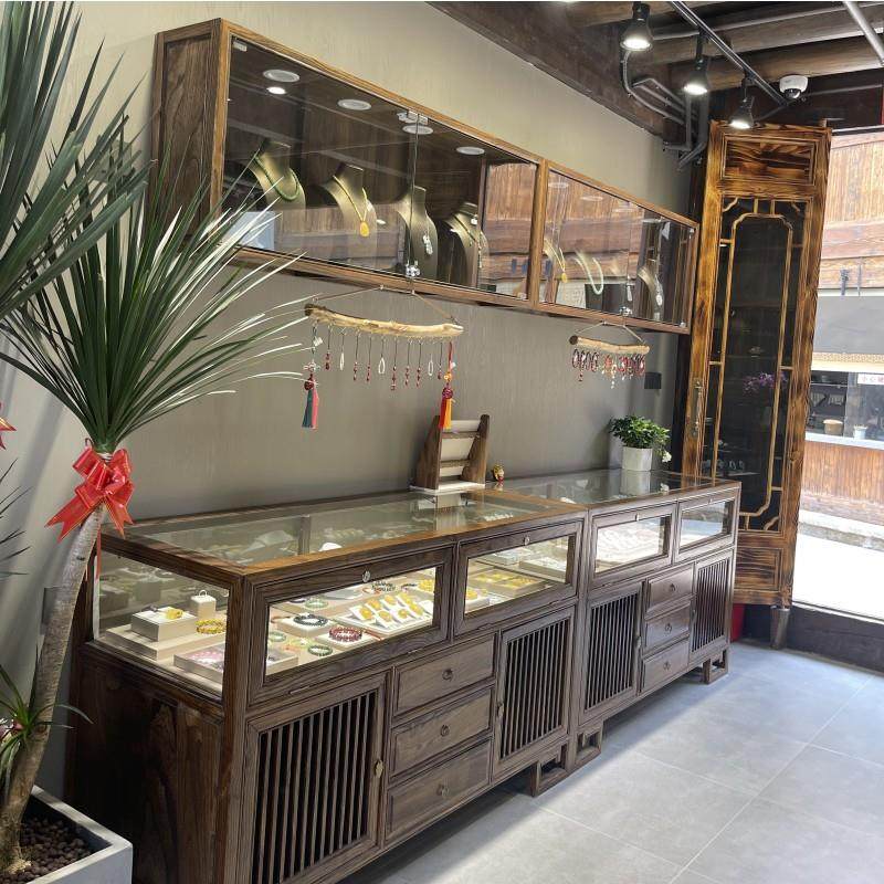 实木珠宝展示柜玉器首饰货柜新中式翡翠陈列柜榆木玻璃展示柜台