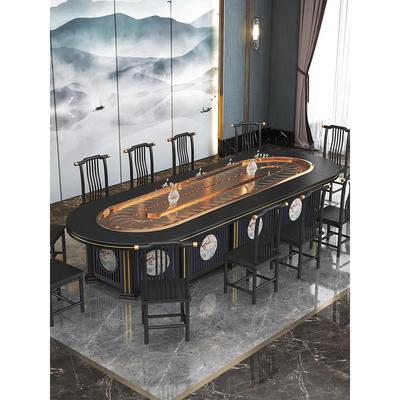 椭圆形电动餐桌新中式长方形包间岩板宴会桌20人旋转传送带可定制