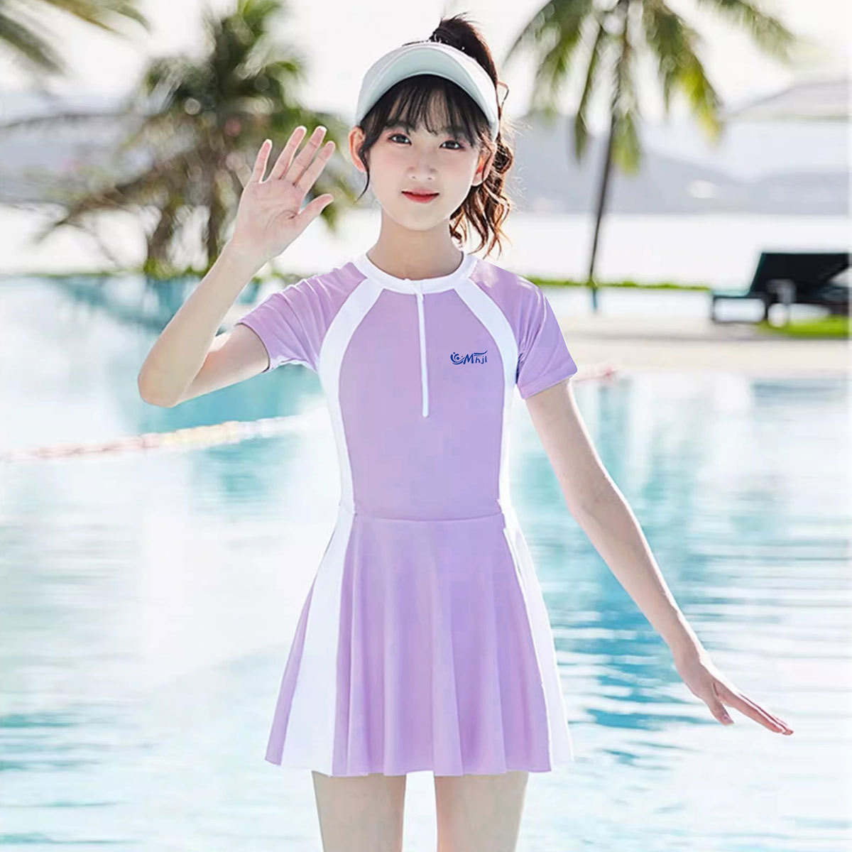 儿童泳衣女孩连体2024新款女童洋气游泳衣中大童保守泳装带胸垫