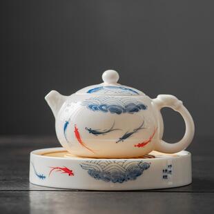 功夫白瓷泡茶器 羊脂玉手绘茶壶承陶瓷泡茶单壶家用西施壶茶具套装