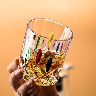 轻奢威士忌酒杯手工描绘彩色水晶玻璃洋酒杯家用烈酒杯古典啤酒杯