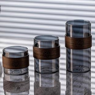 高硼硅玻璃小茶杯家用会客喝品杯烟灰玻璃品茗杯胡桃木环隔单层杯