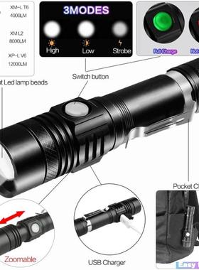 5000LM Led flashlight USB torch Zoomable 18650 Bicycle Light