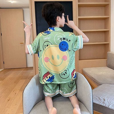 睡衣儿童夏少桑蚕丝薄短天2025新款夏袖青季年大童男孩新品