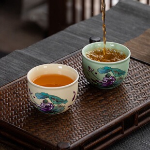 陶瓷青瓷高档水缸杯鱼戏荷塘茶杯大号茶具泡茶杯客人杯实惠景德镇