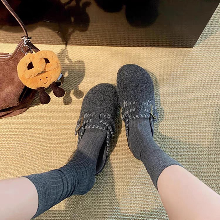 羊毛版~厚底毛呢勃肯鞋女外穿2025秋冬新款加绒包头一脚蹬半拖鞋