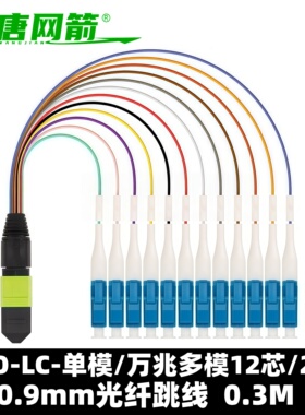 MPO模块盒单模多模8/12/24芯MPO-LC-OM3万兆单模多模OM412芯0.9mm光纤跳线0.3米
