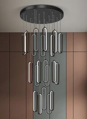 极简楼梯吊灯现代简约创意黑色方框别墅中空灯具复式楼客厅大吊灯